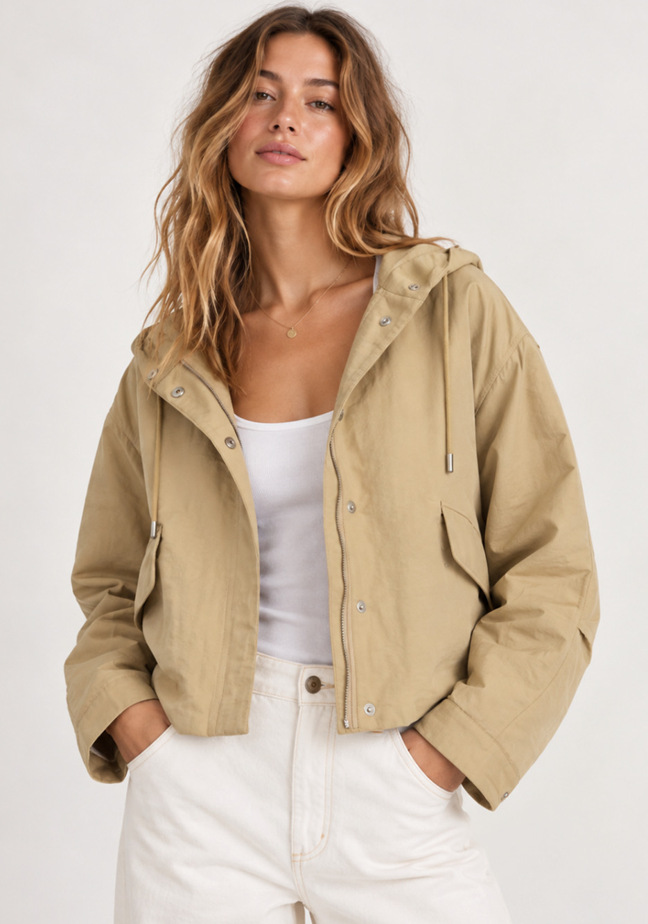 NWT GAP KHAKI TAN HOODED NYLON CROP CROPPED PARKA JACKET COAT SZ M/L